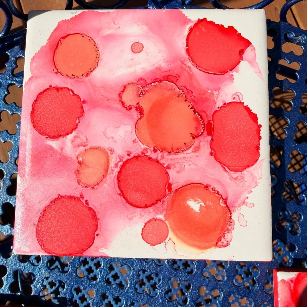 Red Alcohol Ink Coasters Set of 4, Abstract Ceramic Tile Decor
